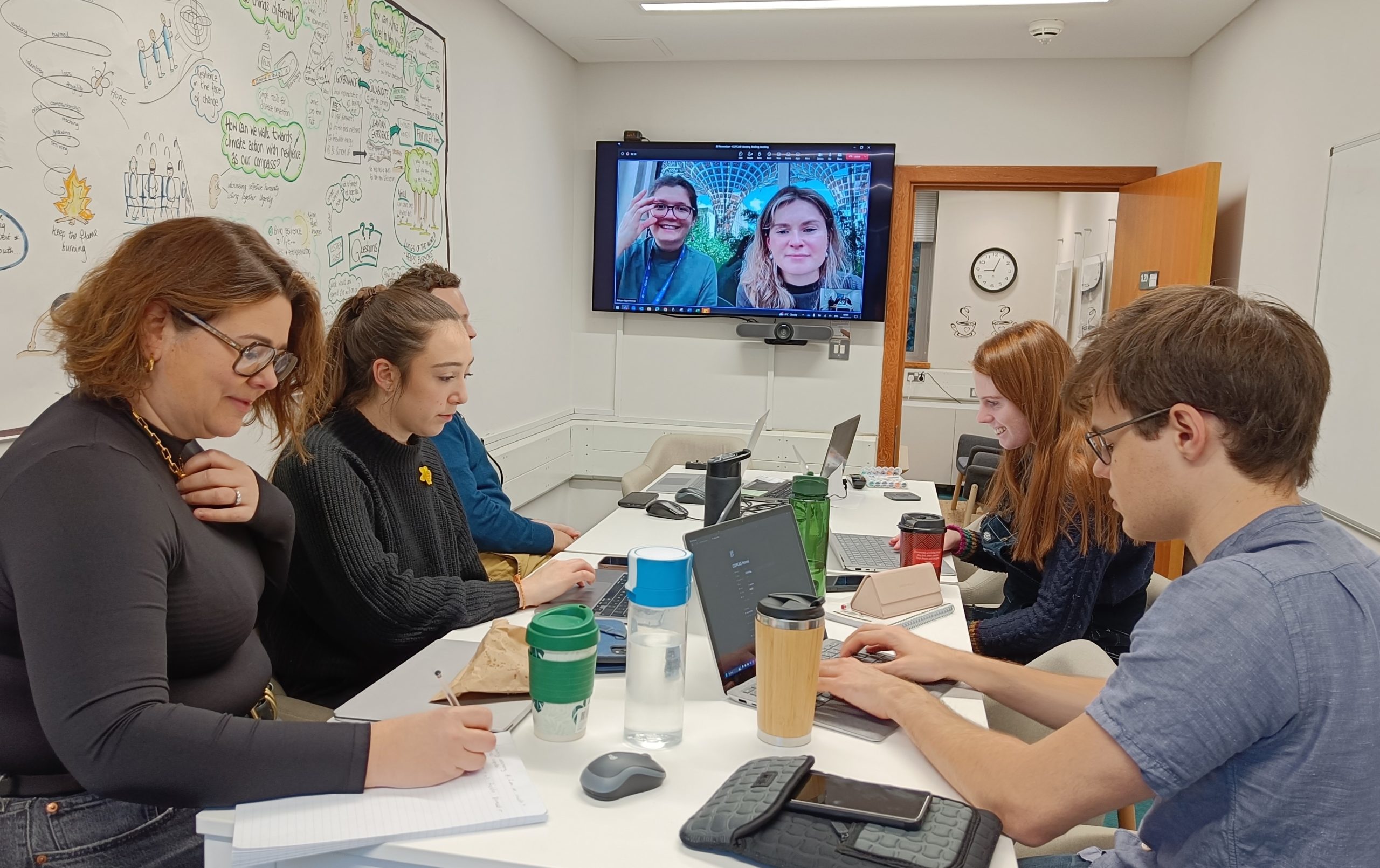 COPCAS morning briefing; students in the studio connecting to students in Dubai