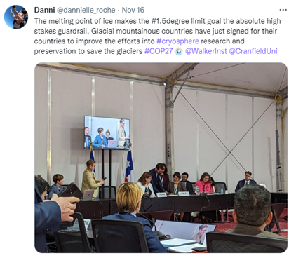 Picture of a ministerial event on the issue of melting ice on sea level rise and mountain water resources. People talking in a panel.