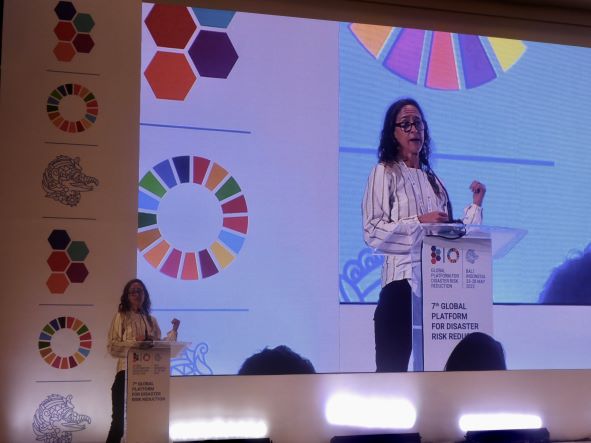 Pen Cabot talking in the UNDRR conference in Bali